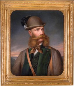 Portrett av Francois Joseph I av Østerrike (1830-1916), i jaktutstyr. Maleri av Edmund Mahlknecht (1820-1903), olje på lerret