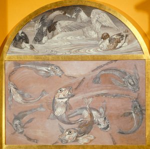 Diptyk med fisk og ender i dammen (tempera på kortet,) av Edoardo Gioja