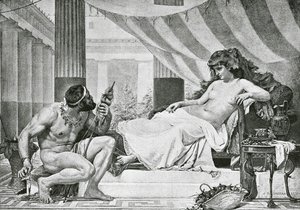 Herkules ved Omphales føtter (litografi) av Edouard-Joseph (after) Dantan