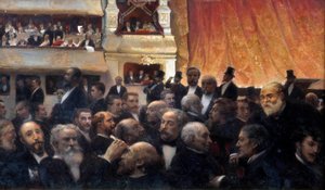 Pause, en premiere på den franske komedie Blant tilskuerne: i badekaret, Henri Rochefort og Leon Gambetta, i avantscenens omkledningsrom på toppen, Jules Ferry, d