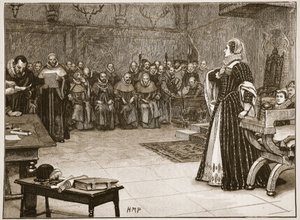 Rettssak mot Mary Queen of Scots i Fotheringhay Castle, illustrasjon fra 'Cassell's Illustrated History of England' (sepia-foto) av Edouard Berveiller