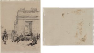 Soldater hviler (recto) Skisse av en mann med løftet arm og skisse av en hjelm (verso) av Edouard Detaille