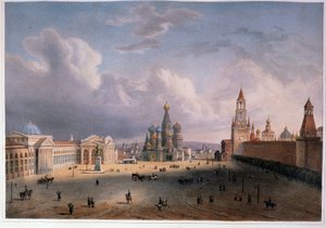 Utsikt over Den røde plass i Moskva (Russland). Verk av Edouard Jean Marie Hostein (1804-1889), litografi farget med akvarell, ca 1830, fransk kunst fra 1800-tallet. A. Pushkin Memorial Museum, St. Petersburg. av Edouard Jean Marie Hostein