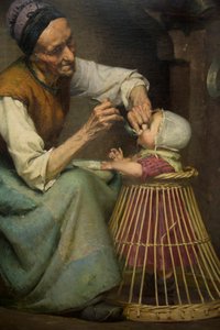 En gammel kvinne mater barnebarnet sitt holdt i en flettet barnerullator, av Edouard Jerome Paupion av Edouard Jerome Paupion