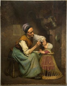 En gammel kvinne mater barnebarnet sitt holdt i en flettet barnerullator, av Edouard Jerome Paupion av Edouard Jerome Paupion