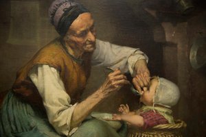 En gammel kvinne mater barnebarnet sitt holdt i en flettet barnerullator, av Edouard Jerome Paupion av Edouard Jerome Paupion