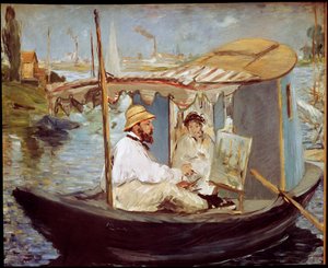 Claude Monet maler i studiobåten sin av Édouard Manet