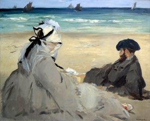 På stranden Representasjon av Suzanne Manet, kona til kunstneren og broren Eugene på Berck sur mer-stranden (Berck-sur-Mer). Maleri av Edouard Manet (1832-1883) Ete 1873 Søn. 0,59x0,73 m Paris musee d