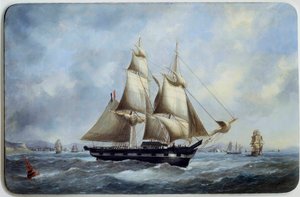 En bresiliansk murstein som forlater havnen i Le Havre Aquarelle av Edouard Adam (1847-1929) Paris fra 1800-tallet, Musee de la Marine