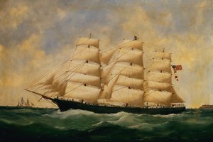 Det amerikanske seilskipet, Servia utenfor Le Havre (olje på lerret)