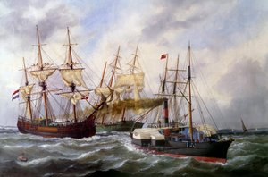 To trailere med tre matter av Le Neptune au Havre i 1882 Maleri av Edouard Adam (1847-1929) 1882 Paris, Musee de la Marine
