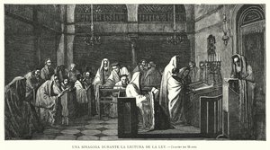 Synagoge under en Torah-lesning (litho) av Edouard Moyse