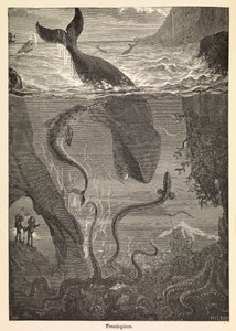 Frontispiece av Jules Vernes «Tjue tusen ligaer under havet», ca. 1870 (trykk) av Edouard & Neuville Alphonse-Marie-Adolphe de (1835-85) Riou