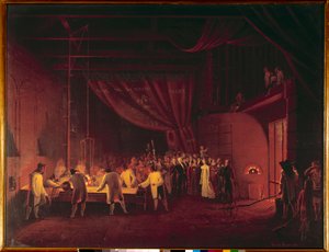 Marie Caroline de Bourbon Sicilia, hertuginne av Berry (1798-1870), besøkte fabrikkene i Saint Gobain i 1822. Arbeiderne laget en bordstøping av glass. Maleri av Edouard Pingret (1788-1875) 1824 Privat samling