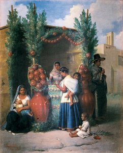 Scene nær en bar i en gate i Mexico: en kvinne ammer barnet sitt, en annen tar en drink og bærer barnet sitt på ryggen, et barn leker på bakken. Maleri av Edouard Pingret (1788-1875), midten av 1800-tallet. Mexico City. nasjonalbank