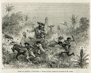 En gjeng barn jaktet på sommerfugler, akkompagnert av forfatteren, en Villavicensio (Colombia), tegning av Riou, for å illustrere historien om Equinoxiale America (Colombia, Ecuador, Peru), i 1875-1876, av Ed. andre, reisende med ansvar for oppdraget til F av Edouard Riou