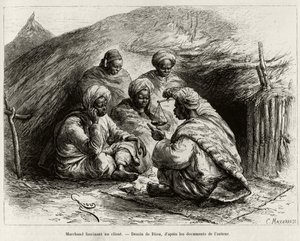 En kjøpmann som fascinerer en kunde, sitter på gulvet, på en liten matte, han lager artikkelen ved å holde en vekt. Gravering av Riou, for å illustrere historien "" Fra Niger til Guineebukta", av kaptein Louis Gustave Binger (1856-1936), i 1887-1889, i av Edouard Riou