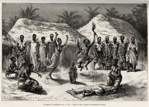 En pasient i samråd med agni (eller anyi, Elfenbenskysten), trollmannen utfører en dans, etter å ha plassert en fetisj foran pasientens løgner. Gravering av Riou, for å illustrere historien "" Fra Niger til Guineabukta"" av kaptein Louis Gu av Edouard Riou