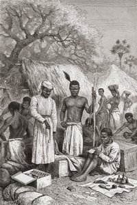 Abdullah Souzi, Jacob Wainright og James Chouma, Dr. David Livingstones tre tjenere, tar oversikt over eiendelene hans etter hans død i 1873, illustrasjon fra "The World in the Hands", gravert av Charles Barbant av Edouard Riou