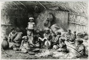 En ettermiddag på favoritten til sjeiken fra Gobrons, kvinneaktiviteter: broderi og spinning av ull, flettet og keramikk. Gravering av Riou, for å illustrere historien "" Voyage chez les Benadir, les somalis et les Bayoun"", i 1882-1883, av Georges Rev. av Edouard Riou