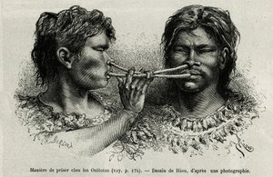 Et instrument laget av fuglebein og en måte å snuse blant indianerne ouitotos (uitoto), blåser unisont, sender de samtidig fangsten. Gravering av Riou, for å illustrere historien om Cayenne aux Andes, av Jules Crevaux, lege for den franske marinen, av Edouard Riou