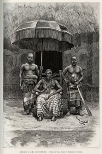 Ardjoumani (død 1892) og sønnene hans, konge av Bondoukou (Elfenbenskysten). Gravering av Riou, for å illustrere historien "" Fra Niger til Guineebukta"" av kaptein Louis Gustave Binger (1856-1936), i 1887-1889, i Le tour du monde, nouveau journal des voya av Edouard Riou