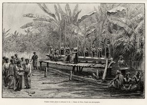 Batak-kvinner, etnisk gruppe i Nord-Sumatra, banker og renser ris. Gravering av Riou for å illustrere historien "et år i Malaysia", av Jules Claine (1856-1939) av Edouard Riou
