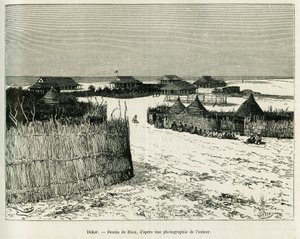Dakar. Gravering av Riou for å illustrere historien Voyage a la Plata, tre måneders ferie av Emile Blaireaux i 1886, i tour du monde 1887, under ledelse av Edouard Charton (1807-1890), Hachette, Paris. av Edouard Riou
