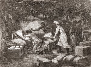 Dr. Livingstones død i landsbyen Tchitammbo, Afrika, i 1873, illustrasjon fra "The World in the Hands", publisert 1878 av Edouard Riou