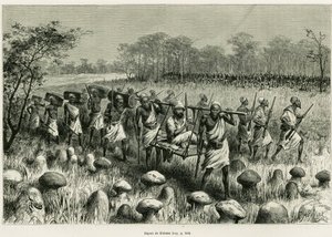 Dro fra Kalassa, fortelleren reisende i stolen med bærere. Gravering av Riou for å illustrere historien Les lacs de l