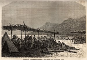 Utdeling av mat i Keauhou, etter jordskjelvet og vulkanutbruddet i 1868, for ofrene for katastrofen, gravering etter tegningen av E.Riou, som illustrerer reisen til Sandwichøyene, i 1855-1869, av C. de Varigny, publisert i "" Le av Edouard Riou