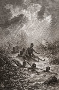Dr. David Livingstone ble båret gjennom en sump av portører under sin ekspedisjon til Afrika i 1872, illustrasjon fra "The World in the Hands", gravert av Charles Laplante av Edouard Riou