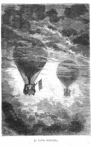 Tegning av boken av Jules Verne «Five weeks en Ballon»-samlingen Hetzel/Extraordinary Travels. Victoriaballongen møter en annen ballong i skyene