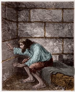 Edmond Dantes, alias greven av Monte Cristo (Monte Cristo) i fengselet hans - Gravering av Riou, i "Greven av Monte-Cristo" av Alexandre Dumas