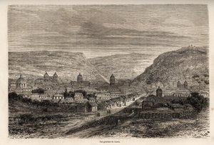 Generell oversikt over Cusco eller Cusco, tidligere hovedstad i Inkaene, tegning av Riou, for å illustrere Paul Marcoys reise gjennom Sør-Amerika fra 1848 til 1860. Gravering i "" Le tour du monde"", redigert av Edouard Charton av Edouard Riou