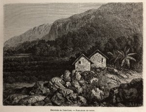 Hacienda av Tian Tian, Peru og kakaoplantasje, tegning av Riou, for å illustrere Paul Marcoys reise gjennom Sør-Amerika fra 1848 til 1860. Gravering i "" Le tour du monde", redigert av Edouard Charton av Edouard Riou