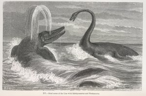 'Ideell scene for liasene med Ichthyosaurus og Plesiosaurus' av Edouard Riou