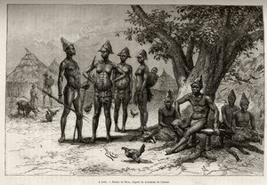 I Lera (eller Dera, Niger), typer Mandes. Gravering av Riou, for å illustrere historien "" Fra Niger til Guineebukta"" av kaptein Louis Gustave Binger (1856-1936), i 1887-1889, i Le tour du monde, nouveau journal des voyages, under lede av Edouard Riou