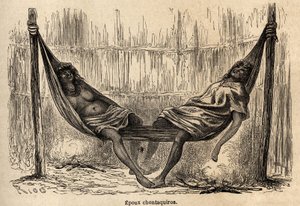 Indiske ektemenn Chontaquiros fra Peru sover, i sin brudekøye, tegnet av Riou for å illustrere reisen, fra 1848 til 1860, til P. Marcoy, fra Stillehavet til Atlanterhavet. Gravering i "" Le tour du monde"", redigert av Edouard Charton av Edouard Riou