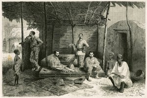 Installasjon av oppdraget i Nango, for et 10-måneders opphold, med portretter av Gallieni og hans kapteiner Valliere og Pietri, doktor Tautain samt hans tolker, guide og cantiniere. Gravering av Riou, basert på en skisse av forfatteren, for å illustrere av Edouard Riou