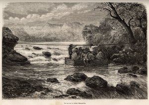 La traversee par le bac de la Riviere Mesacancha (Bas Peru), gravering av E.Riou som illustrerer reisen i fjellene, Huarancalqui-dalen og regionene i Pjonal, fra 1862 til 1863, av Paul Marcoy, publisert i "" Le tour du monde”” 1875 av Edouard Riou