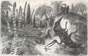 'Landskap fra den liasiske perioden'. Illustrasjon som viser en Pterodactyl av Edouard Riou