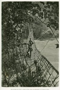 Liana-broen over Passa. Gravering av Riou, for å illustrere historien Reiser i Vest-Afrika av Edouard Riou