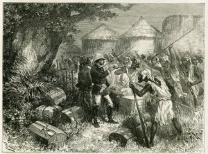 Løytnant Valliere forsvarer seg mot innbyggerne i Sibi (eller Siby), en Mandingo-landsby i Øvre Niger (dagens Mali), hvis innbyggere ble svært forstyrret av ankomsten av leteavdelingen. Gravering av Riou, basert på en skisse av av Edouard Riou