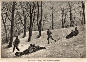 Luges et skaters au plateau du Mont-Royal, nær Montreal, gravering etter en tegning av Riou, illustrerer ekskursjonen til Canada og Riviere Rouge du nord, av H. De Lamotte, i 1873, publisert i "" Le tour du monde" "" 1875, redigert av Edouard Charton, av Edouard Riou