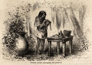 Produksjon av keramikk av en Conibo-indianer fra Peru, tegning av Riou for å illustrere reisen, fra 1848 til 1860, til P. Marcoy, fra Stillehavet til Atlanterhavet. Gravering i "" Le tour du monde"", redigert av Edouard Charton av Edouard Riou