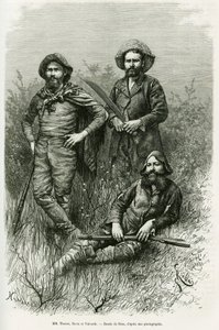 Medlemmer av ekspedisjonen: Mr. Thouar (forlengelse), Mr. Novis (stående til venstre) og Mr. Valverde (stående til høyre). Gravering av Riou, for å illustrere historien Voyage dans le Chaco Boreal av Edouard Riou