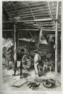 Morgenangrep på oppdagelsesreisendes hytte av indianere fra bredden av Amazonas. Gravering av Riou, for å illustrere historien om Cayenne aux Andes, av Jules Crevaux, lege for den franske marinen, i 1878-1879, publisert i Tour du monde, under ledelse av av Edouard Riou