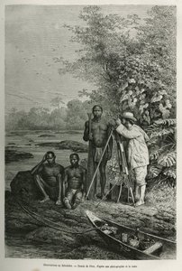 Observasjon ved teodolitten, Dr. Crevaux med sine måleinstrumenter og hans team av guider og portører, i full arbeidssesjon, gravering etter en tegning av Riou, for å illustrere historien De Cayenne aux Andes, av Jules Crevaux, doktor i den franske marinen av Edouard Riou