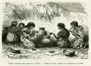 Gamle indiske kvinner som lager shisha. Gravering av Riou, for å illustrere historien Journey in the Pilcomayo Delta og fra Buenos Aires til Sucre av Edouard Riou